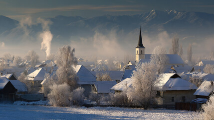 Snow-Covered Village with Church and Misty Mountains in Winter