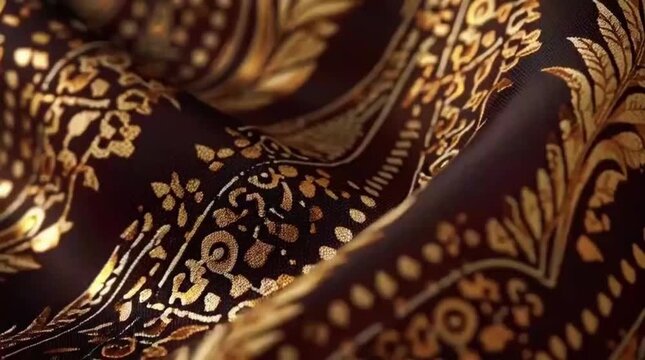 Elegant damask pattern on rich dark fabric, showcasing intricate gold motifs and luxurious texture