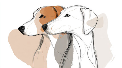 Sketch-style portrait of a dog with white and brown fur