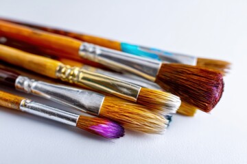 Fototapeta premium Assorted paintbrushes on white surface for artistic creativity and painting