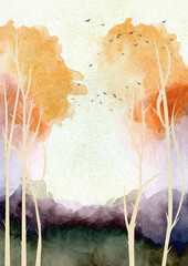 Ilustracja krajobraz duże wysokie drzewa stada ptaków. Hand made drawing. © Monika