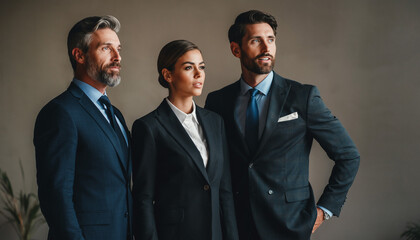 Three professionals in formal business attire standing together confidently in a corporate setting viewed from a slight angle