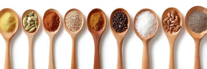 Variety of spices and seeds in wooden spoons on white background