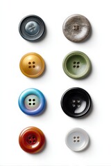 Colorful assorted sewing buttons on white background display variety and texture