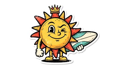 Fototapeta premium Cartoon sun character winking with surfboard and crown