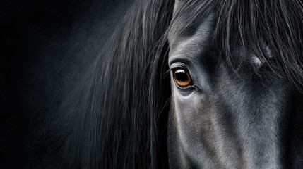 Close-up of a black horse&acirc;&euro;&trade;s eye with flowing mane