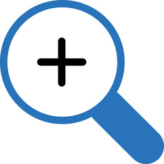 Blue magnifying glass with plus sign icon isolated on transparent background