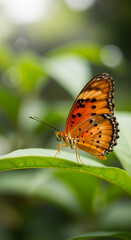 Obraz premium Orange butterfly with black spots perches on a green leaf, symbolizing transformation, beauty, and the delicate balance of nature