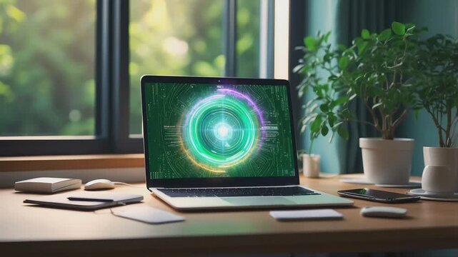 laptop on desk with screen displaying color rotation