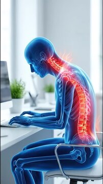 Digital illustration of human anatomy showing spinal pain from poor posture while using a computer, suitable for medical, ergonomic, health awareness, and office workstation topics.