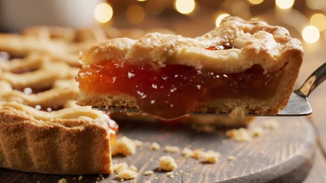 Close-up of a delicious homemade fruit pie being served with a slice being lifted
