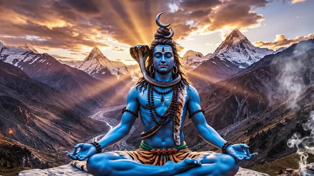 Lord Shiva meditating on mountain peak at dramatic sunset.