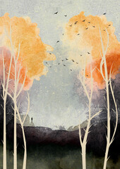 Ilustracja krajobraz duże wysokie drzewa sylwetka człowieka na skarpie stado ptaków na niebie. Hand made drawing.   © Monika