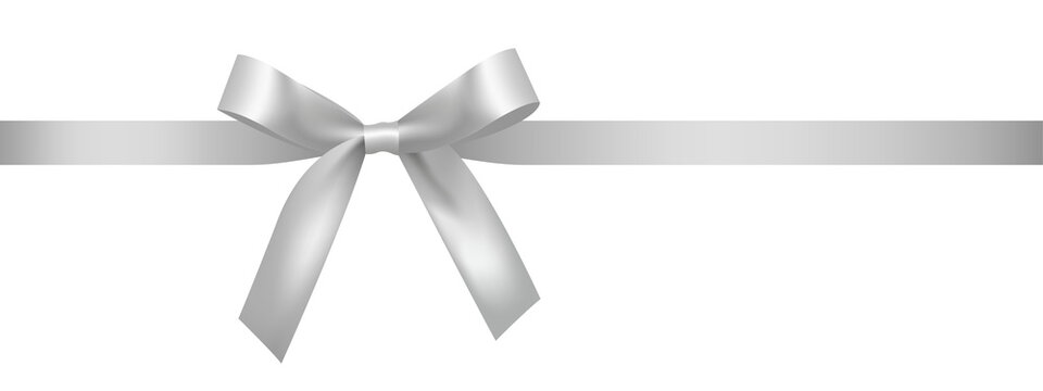 Silver bow with long silver ribbon isolated on transparent background, made in realistic style.