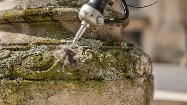 Precision robot instrument removing lichen from a historic statues decorated base sharply highlighting the fine cleaning action with outoffocus surrounding elements.