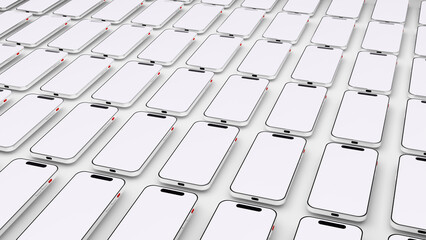 Obraz premium A background image in the style of modern technological gadgets, featuring many phones arranged in a row. Phones, smartphones, smart gadgets.