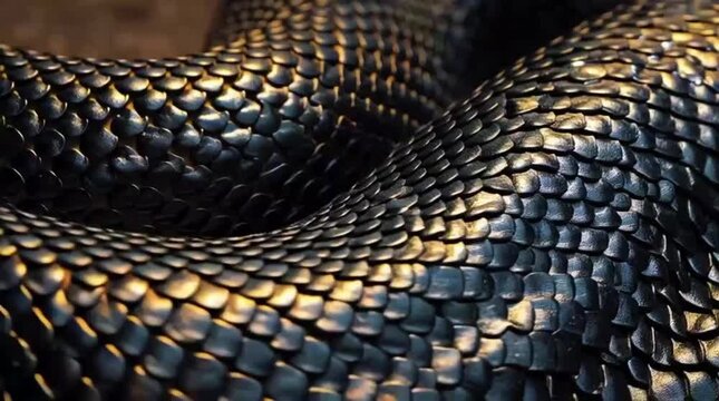 Close-up view of dark, glossy snake scales with an intricate pattern and metallic sheen