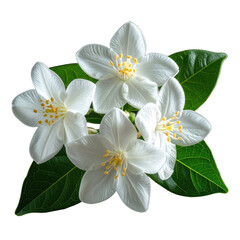 Obraz premium Close-up of delicate white blossoms with vibrant yellow centers, atop lush green leaves
