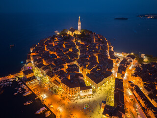Aerial view of Rovinj old town at night, Croatia © Vgallery