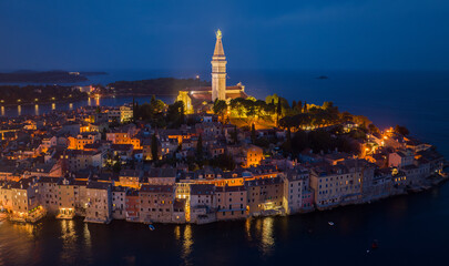 Fototapeta premium Aerial view of Rovinj old town at night, Croatia