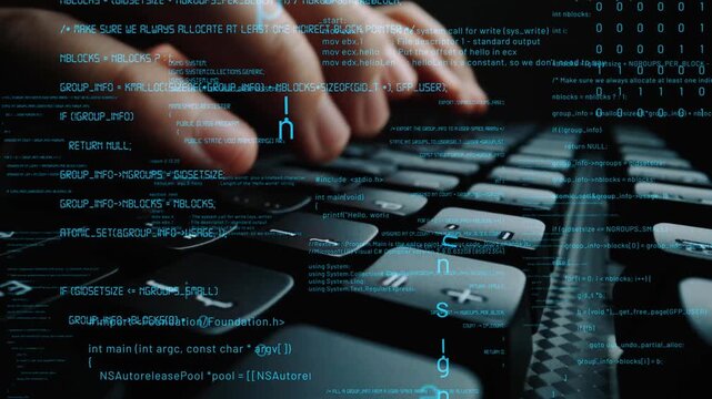 Close-up view of hands actively typing on a keyboard, surrounded by digital code elements that create an immersive atmosphere of technology and coding. Xenic