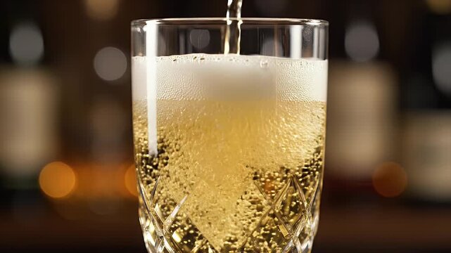 A stream of bubbly golden liquid pours into a glass, forming foam