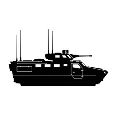 Black silhouette of a military patrol boat with a turret and antennas © Fariaislam
