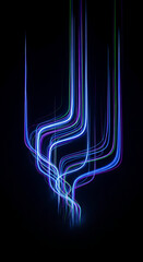 Abstract neon lines of blue, purple and green glow against a black background, creating a futuristic and dynamic design, representative of modern technology