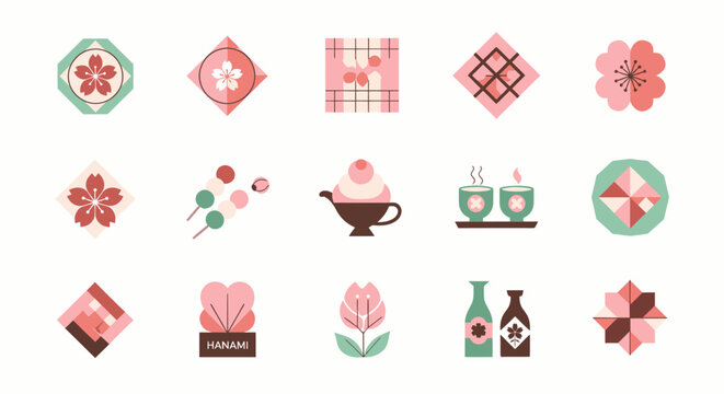 A collection of flat design icons representing Japanese culture, spring elements, traditional food, and beverages.