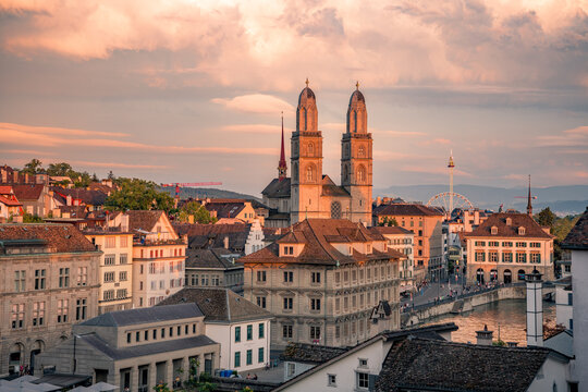 Zurich city center with old town rooftops and Grossm?nster cathedral, Switzerland