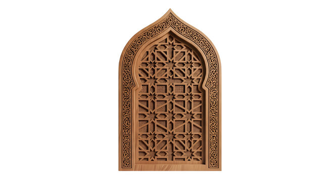 Ornate islamic wooden window panel with intricate geometric carving isolated on transparent background