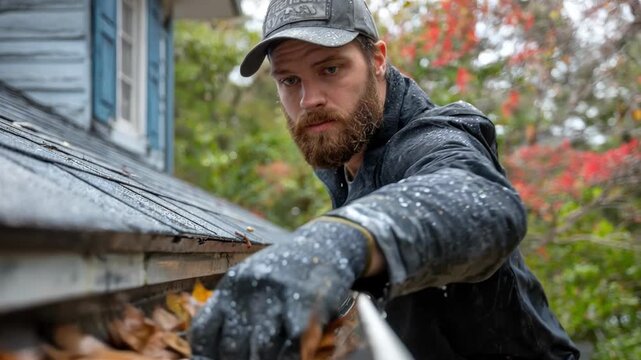 Focused view of a worker removing debris from a Kstyle gutter showcasing the curved design and its role in efficient rainwater drainage during storm preparation.