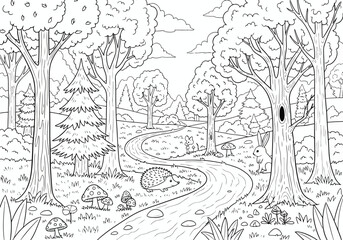 Kids coloring book A serene forest landscape with a winding path and trees in a black and white illustration © KAWSAR HAMID PALASH