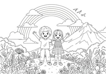 Fototapeta premium Kids coloring book A black and white illustration of two happy children standing in front of a rainbow and mountain range