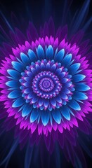 A breathtaking spiral bloom featuring electric sapphire petals and glowing amethyst accents, representing alien nature and vibrant fantasy, spiritual, plant, neon