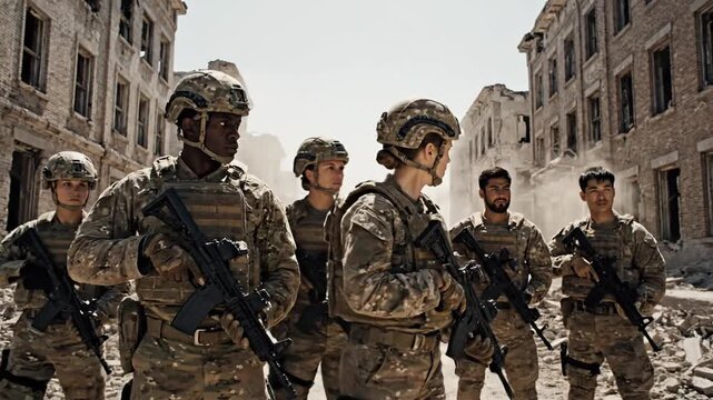 Military soldiers patrol a war-torn city street with rubble