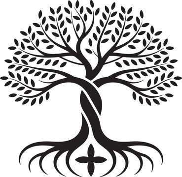 Stylized black and white tree with intricate leaves and roots in symmetrical