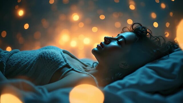 Woman resting on bed with soft lighting and glowing orbs surrounding her, peaceful atmosphere enhances relaxation. Woman's serene expression and cozy bed setting depict calmness and tranquility.
