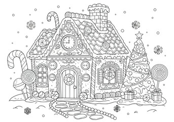 Obraz premium Kids coloring book A festive holiday scene featuring a gingerbread house with candy and a Christmas tree