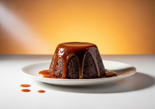 Luxurious sticky toffee pudding drenched in shimmering caramel sauce, presented elegantly on a white plate, golden, pastry, pudding
