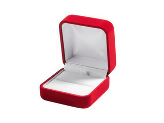 A red velvet ring box with a shiny gold ring inside on a white background isolated on transparent background