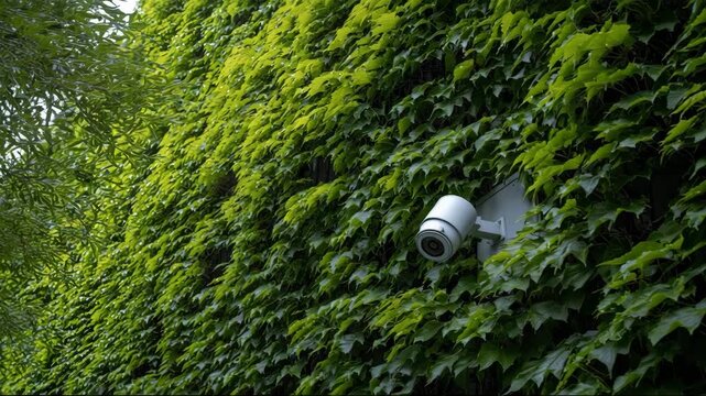Security camera mounted on green ivy-covered wall in urban setting  