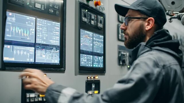 Engineer adjusts control panel settings while AIpowered anomaly detection highlights irregular system performance