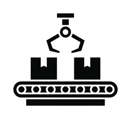 Vector illustration of an automated robotic arm handling boxes on a conveyor belt