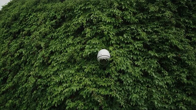 Security camera mounted on lush green foliage in urban setting  