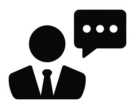 Black vector icon of a person in formal attire with a speech bubble