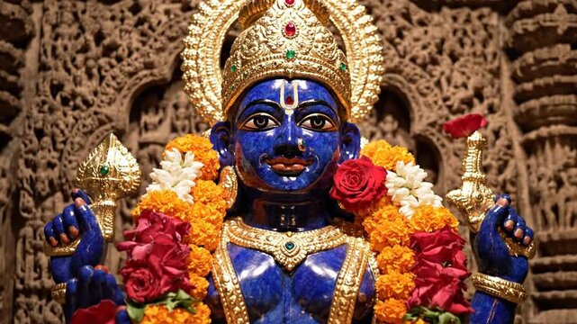 Blue Hindu deity statue with floral garlands in temple light