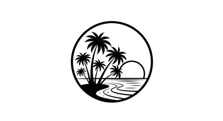 Obraz premium Tropical Palm Trees and Sunset Over Ocean in Circle Frame, Isolated White Background