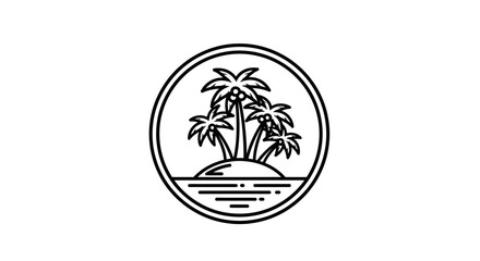 Fototapeta premium Outline tropical island with three palm trees and waves in circle, isolated white background.