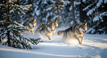 Naklejka premium Three Majestic Wolves Running Through a Snow-Covered Winter Forest at Sunset.